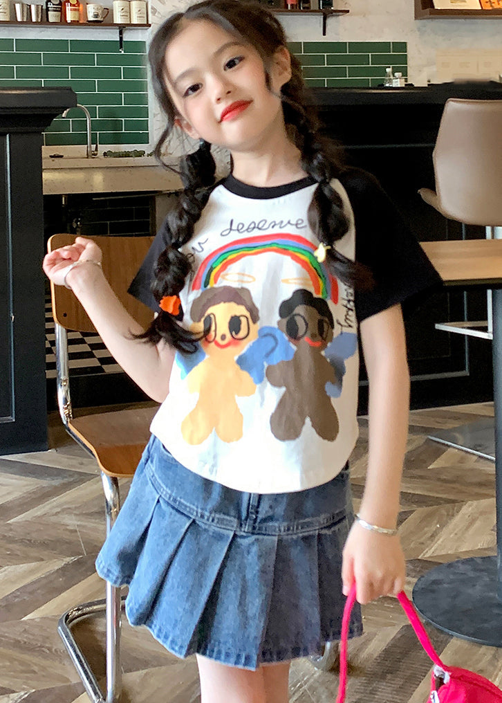 Boutique Schwarzes Patchwork-T-Shirt mit Rundhalsausschnitt für Kinder, Sommer SS1029