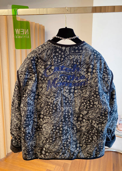 O Fine Boutique Black Neck Jackets Filled Pockets Print Cotton