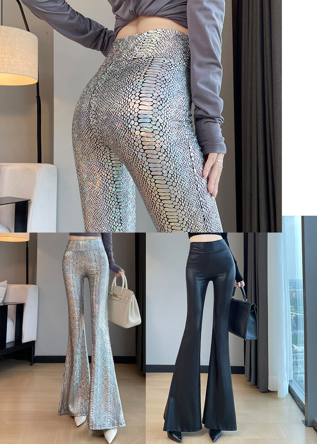 Pantalon à pattes d'éléphant noir style serpentine, collection printemps YP033