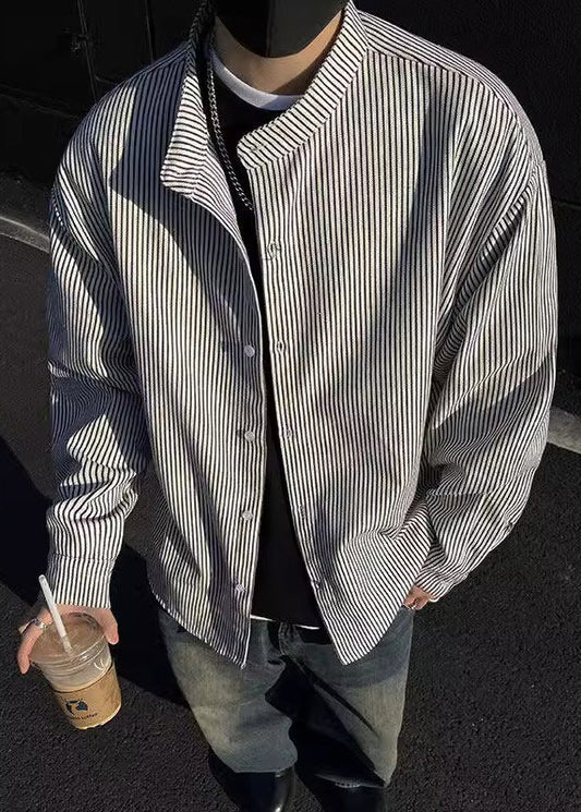 Boutique Schwarz Hemden Frühling Gestreiften Knopf Herren