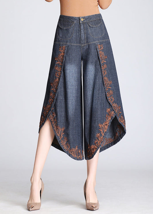 Boutique Blue Embroidered Pockets Cotton Crop Pants Skirt Summer BV072