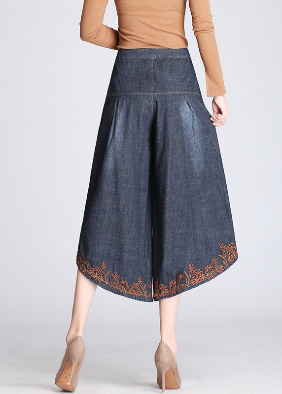 Boutique Blue Embroidered Pockets Cotton Crop Pants Skirt Summer BV072