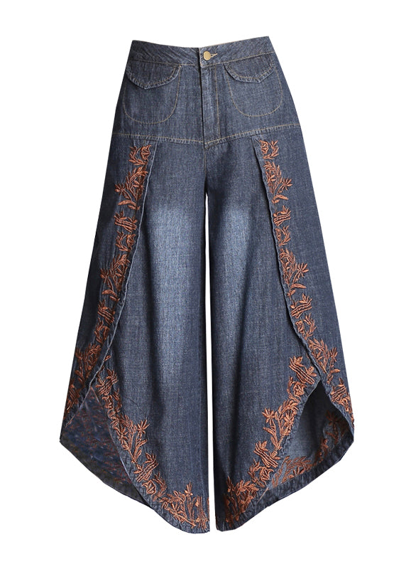 Boutique Blue Embroidered Pockets Cotton Crop Pants Skirt Summer BV072