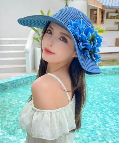 Chapeau de soleil tissé en paille à motif floral bleu Boutique YU1004