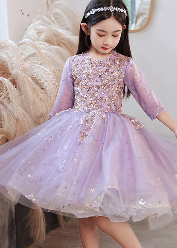 Boutique Blue O-Neck Sequins Patchwork Tulle Kids Long Dress Half Sleeve QV007