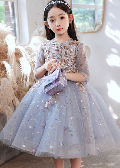 Boutique Robe longue en tulle à paillettes et col rond bleu pour enfants, manches mi-longues, QV007