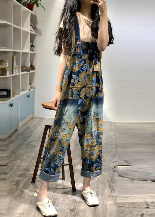 Boutique Blau Übergroßer Print Denim Overall Jumpsuit Frühling OO034