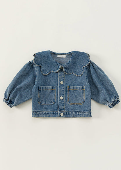 Veste en jean bleu à col Peter Pan et boutons patchwork pour enfants Automne QV044