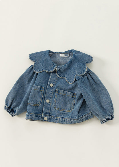 Veste en jean bleu à col Peter Pan et boutons patchwork pour enfants Automne QV044