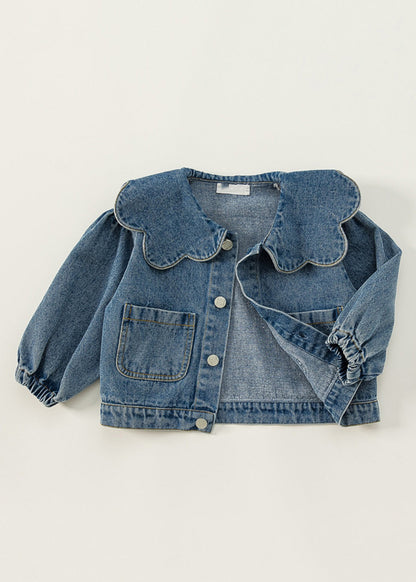 Veste en jean bleu à col Peter Pan et boutons patchwork pour enfants Automne QV044