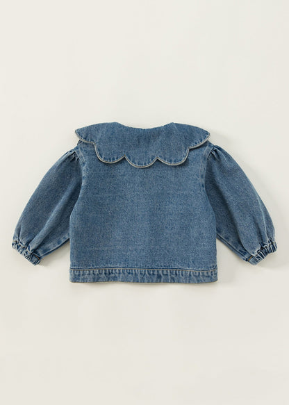 Veste en jean bleu à col Peter Pan et boutons patchwork pour enfants Automne QV044