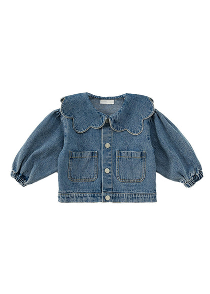 Veste en jean bleu à col Peter Pan et boutons patchwork pour enfants Automne QV044