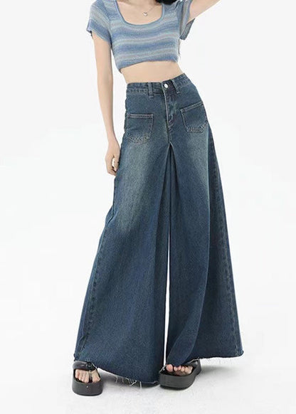 Pantalon large en denim taille haute avec poches bleues Boutique Été QQ1032