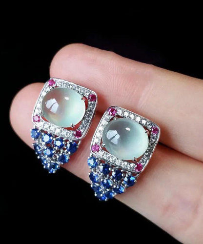 Boutique Blue Sterling Silver Zircon Gem Stone Chalcedony Stud Earrings ET032