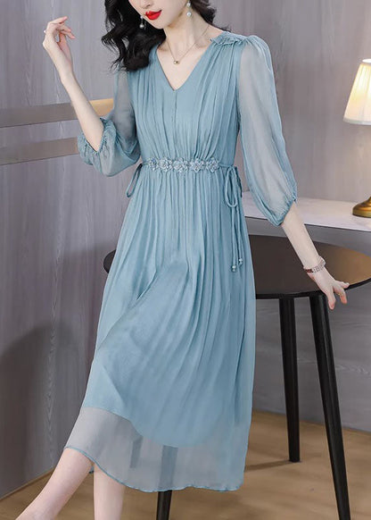 Robe en soie froissée à lacets et col en V bleu Boutique Été BB031