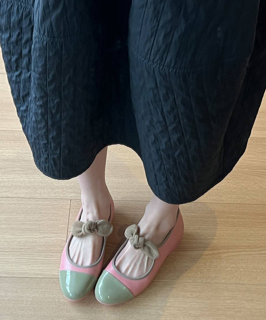 Schuhe Grün Bogen Leder Flache Füße Boutique Spleißen Rindsleder