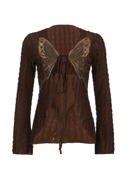 Boutique T-shirt en coton à lacets avec papillon marron Automne QY019