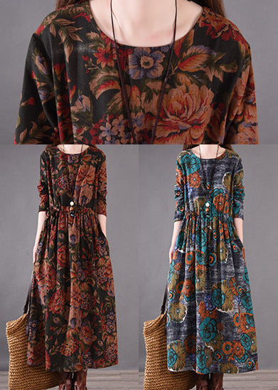 Cinched Braun Boutique Kleid Baumwolle Urlaub Druck Frühling