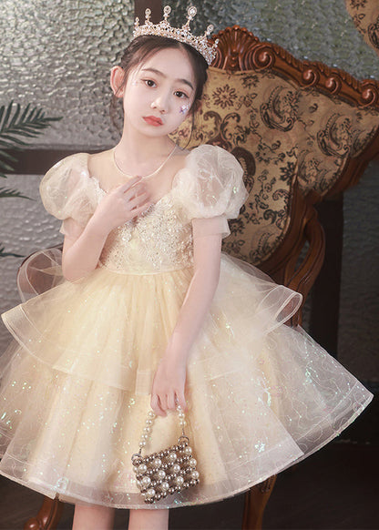 Boutique Champagne O-Neck Tulle Filles Mi-Longue Princesse Robe Manches Courtes XZ032