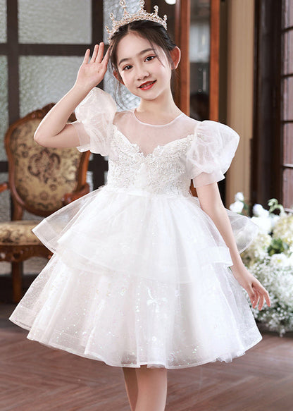 Boutique Champagne O-Neck Tulle Filles Mi-Longue Princesse Robe Manches Courtes XZ032