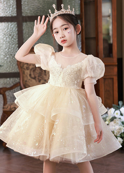 Boutique Champagne O-Neck Tulle Filles Mi-Longue Princesse Robe Manches Courtes XZ032