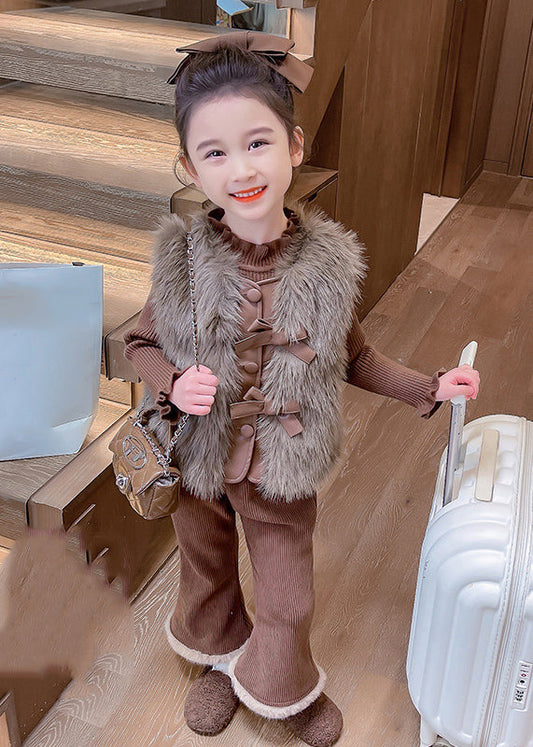 Boutique Kaffee Warme Kinder Gestrickte Baumwolle Weste Pullover Und Schlaghose Zwei Stücke Set Winter TR018
