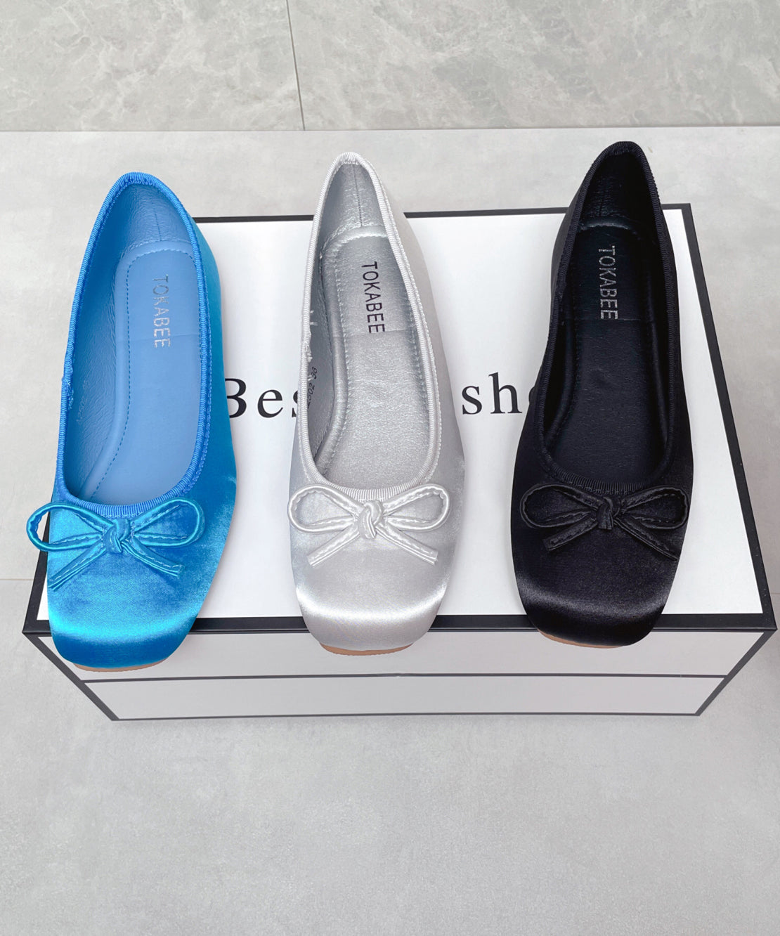 Chaussures plates en satin avec nœud et nœud bleu confortable