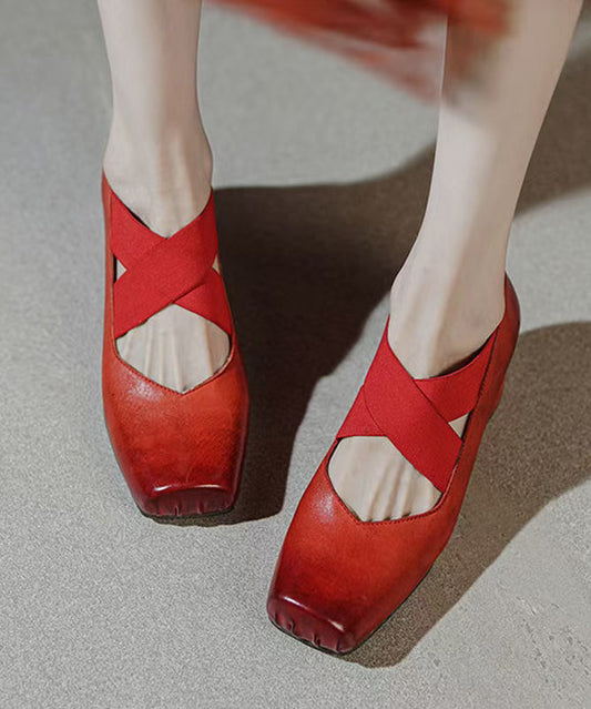 Boutique Heel Chunky Cross Bride Rouge Cuir de Cheval Épissure