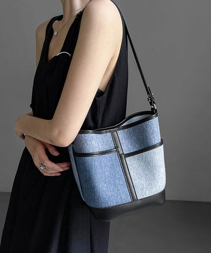 Sac à main en cuir de veau patchwork bleu denim Boutique QF005