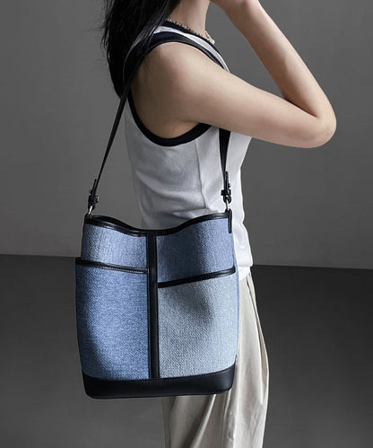 Sac à main en cuir de veau patchwork bleu denim Boutique QF005