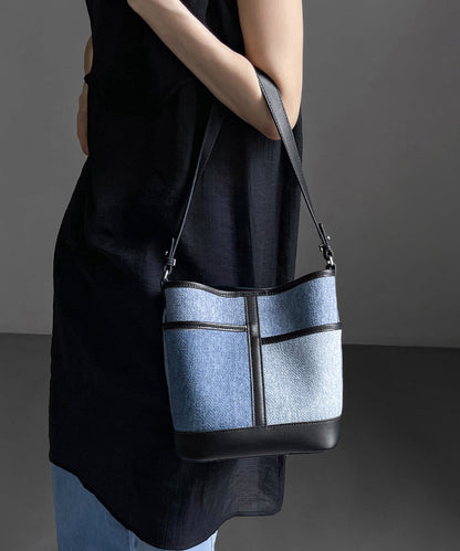 Sac à main en cuir de veau patchwork bleu denim Boutique QF005