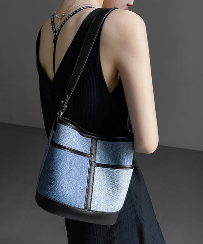 Sac à main en cuir de veau patchwork bleu denim Boutique QF005