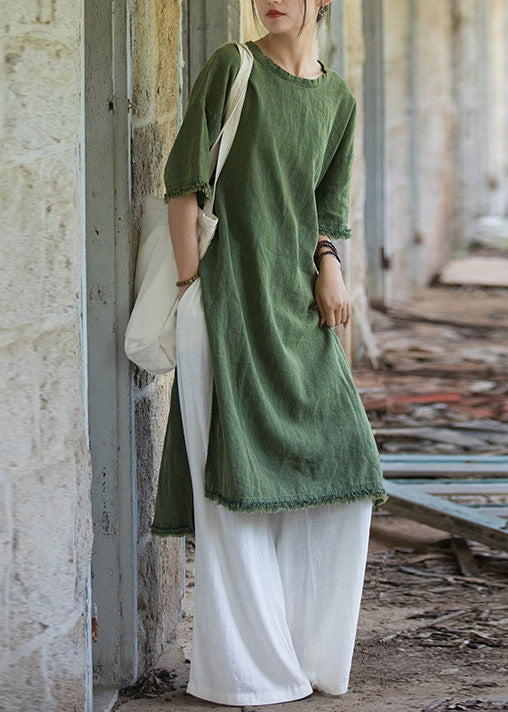 Boutique Green O Neck Side Open Linen T Shirts Dresses Summer LK037