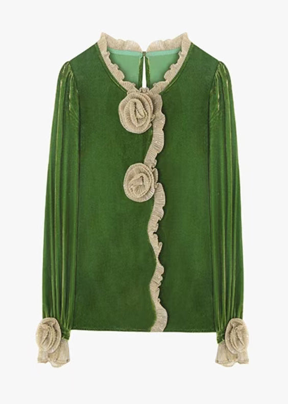 Boutique Green Ruffled Floral Velour Blouse Tops Fall WP024