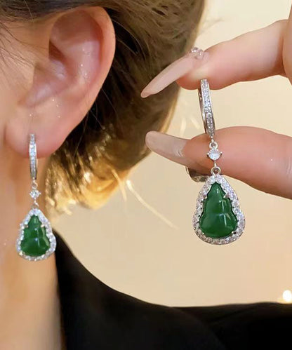 Boucles d'oreilles pendantes en argent sterling vert incrustées de zircons et de jade ZZ076