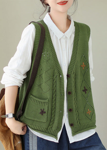 Gilet en tricot brodé vert à col en V pour l'automne QA033