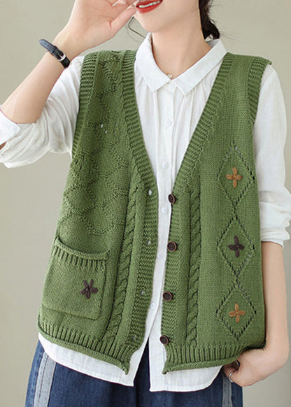 Gilet en tricot brodé vert à col en V pour l'automne QA033