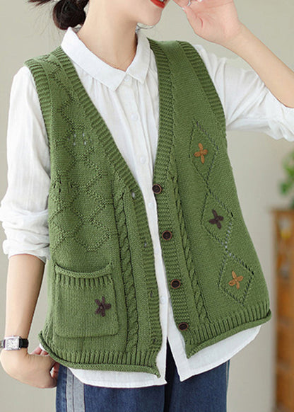 Gilet en tricot brodé vert à col en V pour l'automne QA033