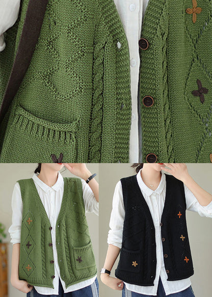 Gilet en tricot brodé vert à col en V pour l'automne QA033