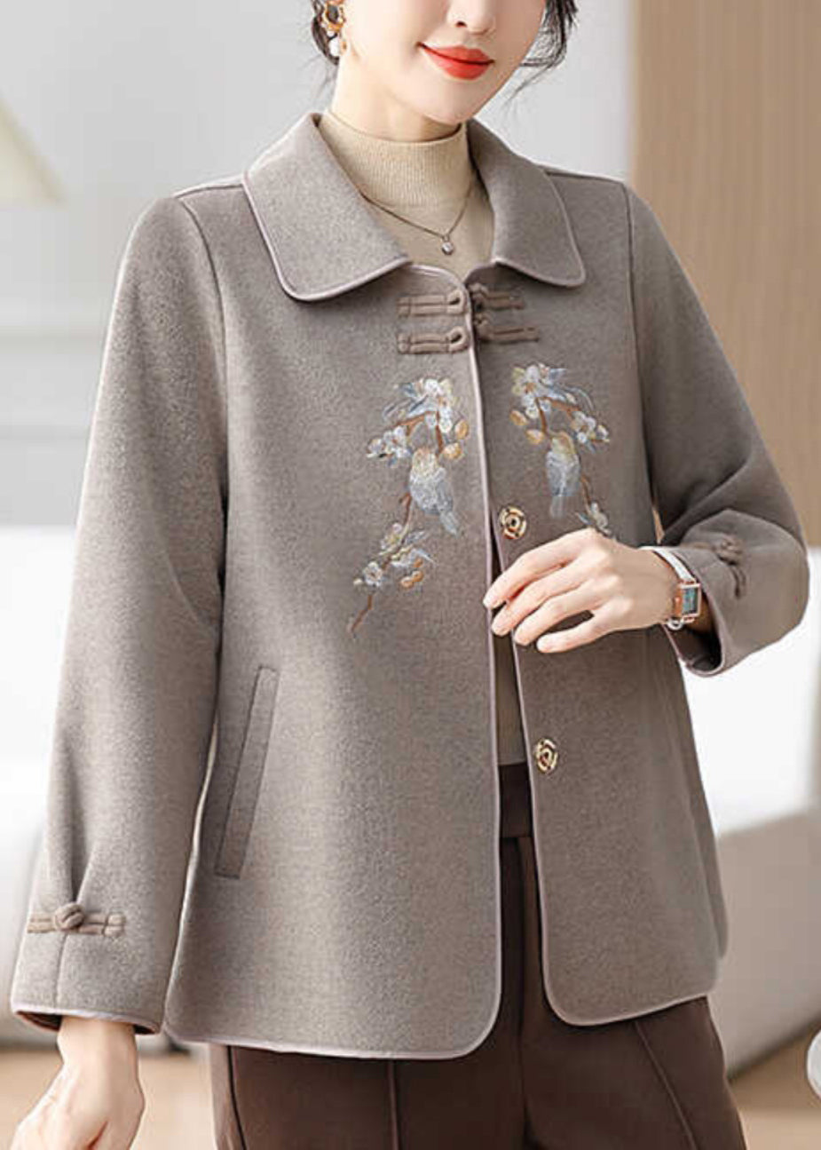 Boutique Grey Embroidered Oriental Button Woolen Coats Winter RS029