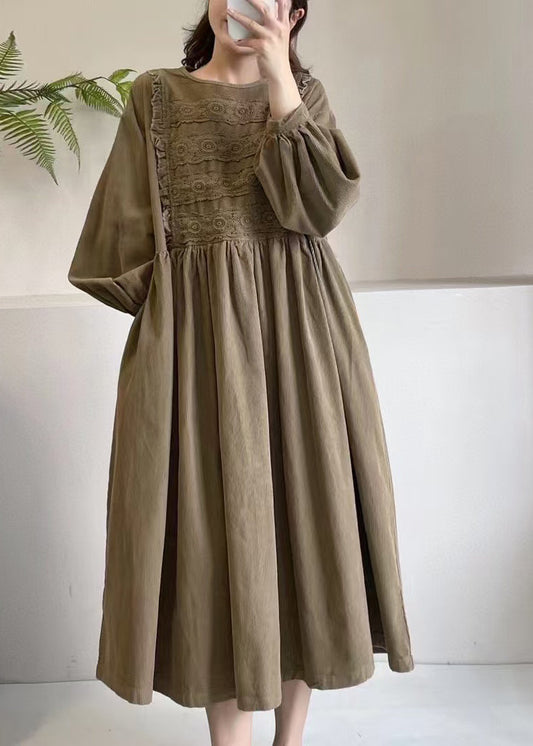 Khaki Cord Boutique Kleid Maxi Frühling bestickt