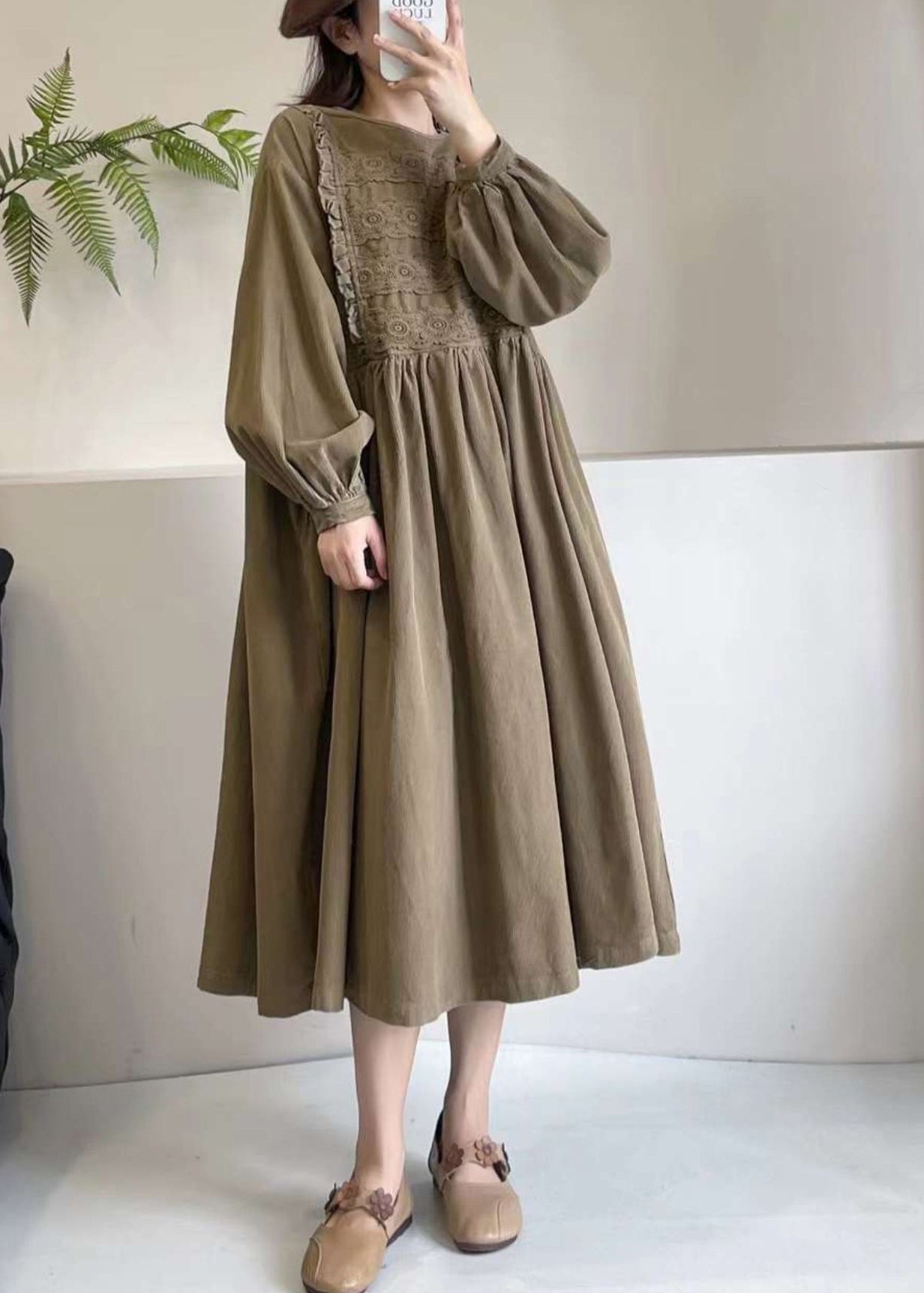 Khaki Cord Boutique Kleid Maxi Frühling bestickt