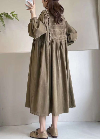 Khaki Cord Boutique Kleid Maxi Frühling bestickt