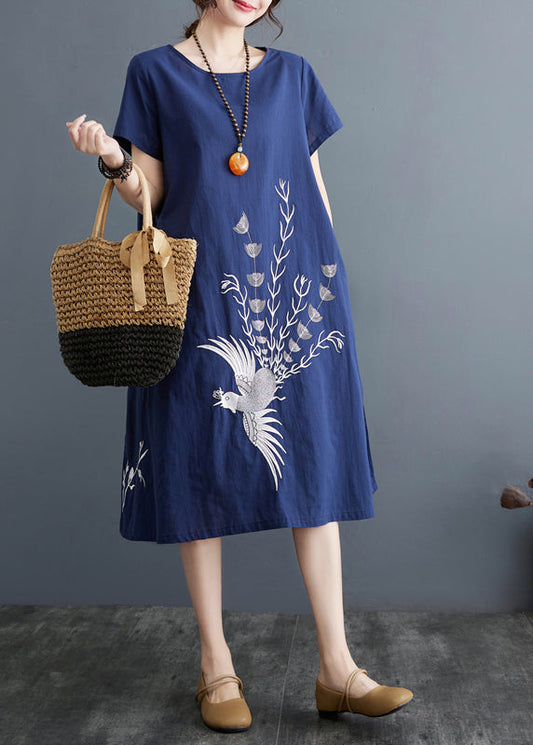 Leinen Marineblau Sommer Phoenix besticktes Boutique-Kleid