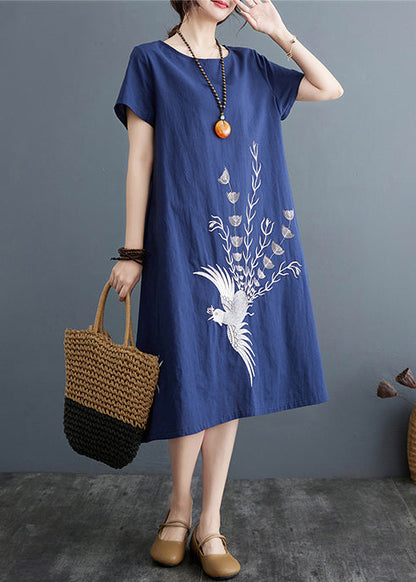 Leinen Marineblau Sommer Phoenix besticktes Boutique-Kleid