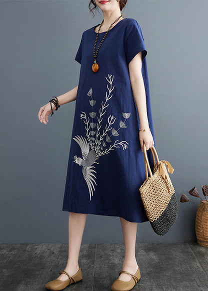 Leinen Marineblau Sommer Phoenix besticktes Boutique-Kleid