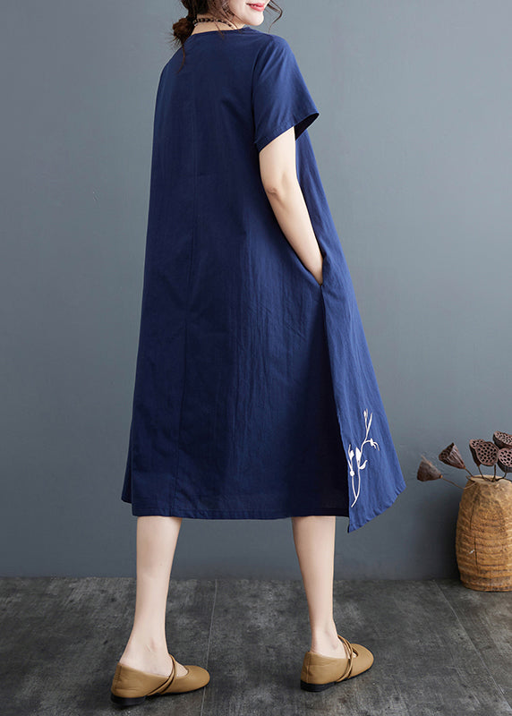Leinen Marineblau Sommer Phoenix besticktes Boutique-Kleid