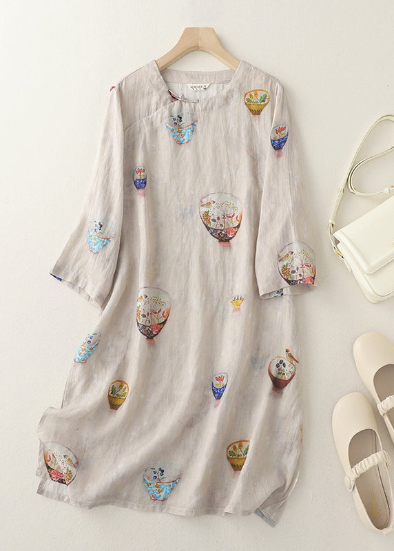 Boutique O Neck Print Side Open Linen Dress Bracelet Sleeve AM1063