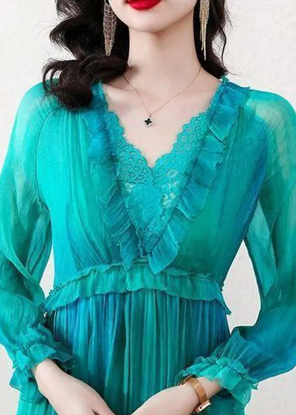 Boutique Peacock Blue Ruffled Exra Large Hem Chiffon Beach Dress Spring Ada Fashion