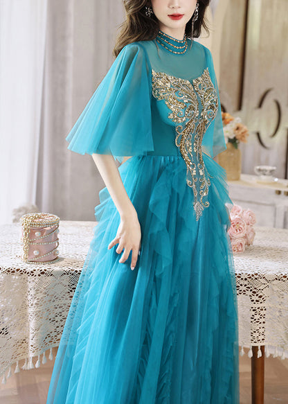 HighWaist Pailletten Lange Blaue Kleider Boutique Halbe Pfauenärmel